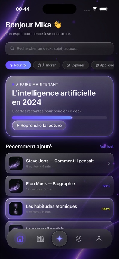 Accueil : decks récents et lecture en cours